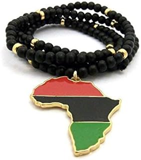 MENS MULTICOLOR AFRICA MAP RED BLACK GREEN PENDANT 6MM 30" WOODEN BEAD CHAIN EGYPTIAN NECKLACE