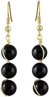 Women's Healing Black Agate Bead Dangle Earrings with Copper Wire Wrap and Fishhook Back Design