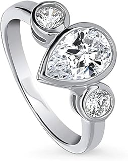 BERRICLE Sterling Silver 3-Stone Wedding Engagement Rings Pear Cut Cubic Zirconia CZ Anniversary Promise Ring for Women, Rhodium Plated Size 4-10