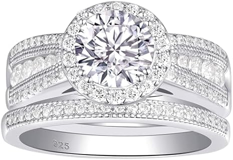 Sterling Silver Clasp, Gun Barrel Wedding Ring with AAAAA Cubic Zirconia Gem, Newshe Bridal Set for Women, Radiant Engagement Design