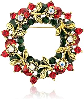 Famdecor Festive Christmas Wreath Brooch Pin in Durable Base Metal with Pin Clasp - Vintage Floral Design without Gemstones for Women