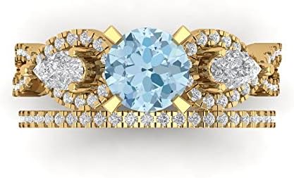 Clara Pucci 2ct Aquamarine Round Cut 3-Stone Engagement Ring in 18K Yellow Gold - Comfortable Size 3.5 with Trendy Three-Stone Design