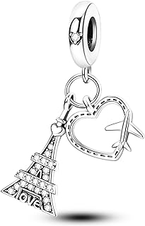 Lobster Clasp Eiffel Tower Charm Bracelet with Zircon Gems, Sterling Silver Chain for Women, Men & Teens, Heart Design - Perfect for Birthdays, Graduations, Honeymoons