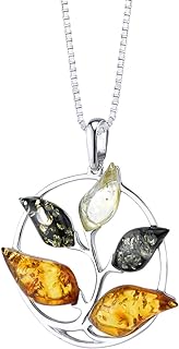 PEORA Genuine Baltic Amber Tree of Life Pendant Necklace or Earrings 925 Sterling Silver, Rich Cognac, Olive Green, Honey Yellow Colors