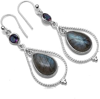 Silver Palace Solid 925 Sterling Silver Natural Labradorite & Mystic Topaz Gemstone Drop Dangle Earrings For Women & Girls
