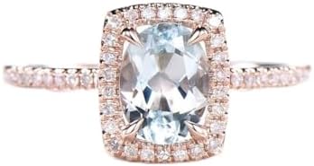 6x8MM Oval Cut Aquamarine & CZ Diamond Pave Thin Design Cushion Halo Engagement Wedding Bridal Ring 925 Sterling Sliver