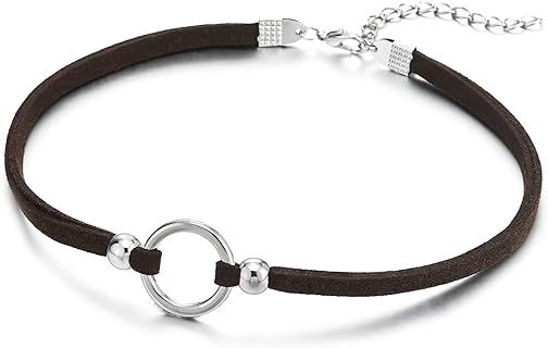 COOLSTEELANDBEYOND Choker Halskette für Damen und Mädchen in Gold und Braun mit Offenem Kreis Charm und Wulst Anhänger, Breite 2 cm, Einstellbare Länge 32.5-37 cm, Poliert, Legierung