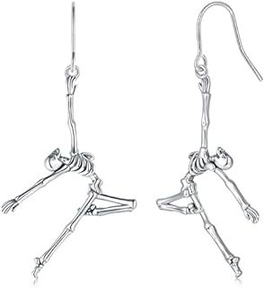 925-Sterling-Silver Dance Skeleton Bone Skull Earrings Dangle for Women,Halloween Anime Costume Accessories, Gothic Hip Hop Bling hypoallergenic Jewelry Gift for Girls Women