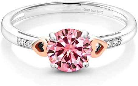 Gem Stone King 925 Silver and 10K Rose Gold Pink Moissanite and White Diamond Solitaire Engagement Ring For Women (1.03 Cttw, Round 6.5MM, Gemstone Birthstone, Available in Size 5,6,7,8,9)