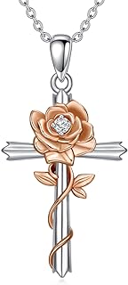 Diamond Rose Cross Necklace 925 Sterling Silver Rose Cross Pendant Necklace Birthday Anniversary Jewelry Gifts for Women