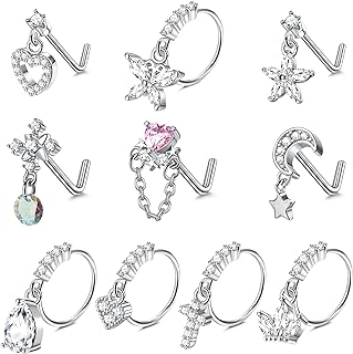 JOERICA Women's 10-Piece Nose Stud Set with Dangle Designs, 20G, 316L Stainless Steel, Heart, Butterfly, Moon, Star, Snowflake Charm, Cubic-Zirconia Sparkle