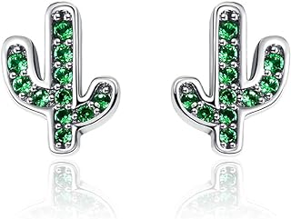 Push-Back Cactus Tree Stud Earrings with Green Cubic Zirconia for Girls - 925 Sterling Silver and White Gold Plated