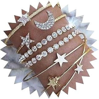 Women's 4Pc Layered Moon Star Bracelet Set with Gold Rhinestone Chain, Tennis, Open Cuff & Vintage Crystal Designs, Bead Chain Clasp, Alloy Material