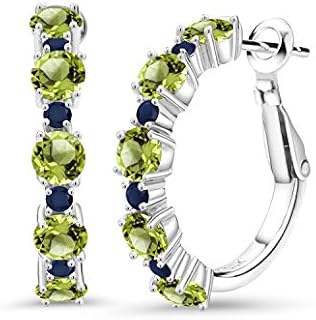 Gem Stone King 925 Sterling Silver Green Peridot and Blue Sapphire Hoop Earrings For Women (3.35 Cttw, Round 4MM and 1.9MM, Gemstone Birthstone 1 Inch Diameter)
