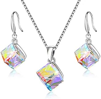 Hook Clasp Austrian Crystal Necklace and Earrings Set with Cubic Zirconia Gems for Women - Uloveido Girl's Cube-Shape Sterling Silver Jewelry Set