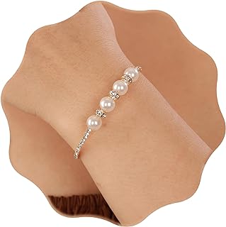 YERTTER Simple Vintage Open Cuff Pearl Crystal Bangle Bracelet Rhinestone Pearl Bangle Bracelet Gift for Women Brides for Prom Party Wedding Dating
