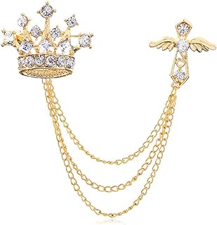 Cross Crown Long Chain Brooch, Rhinestone Tassel Brooch Pin,Retro Crystal Suit Pins Collar Pin,Coat Tassel Chain Lapel Pins for Men's Suit Accessories