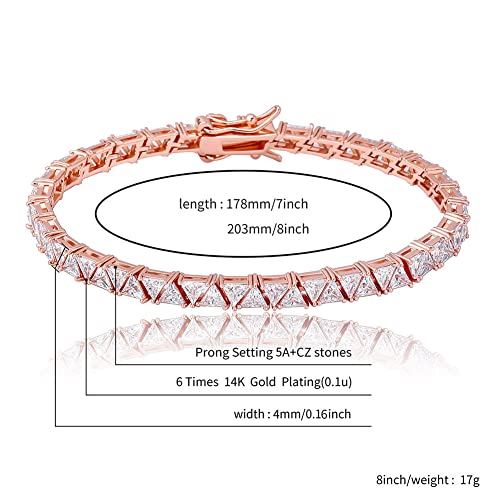 JINAO 4MM Double Triangular Cut Link Tennis Chain Bracelet 18K Real Gold Plated Iced Out Cubic Zirconia Triangle Cut Tennis Bracelet for Men Women