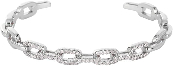 14K White Gold Moissanite Box Chain Open Cuff Bracelet for Women, Geometric Design