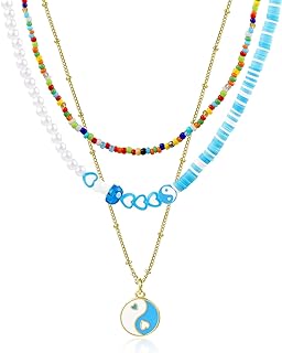14K Gold Plated Beaded Choker Necklace Set for Girls - Alexcraft Layering Y2K Trendy Jewelry - Colorful Plastic Bead Ball Chain Design