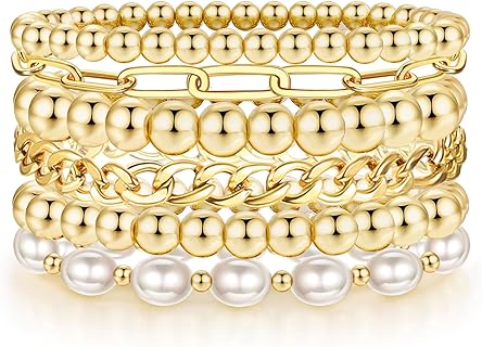 Gold Beaded Bracelets for Women Baroque Pearl Stackable Stretch Bead Ball Bracelet Gold Bangles Stretchable Bracelets Jewelry