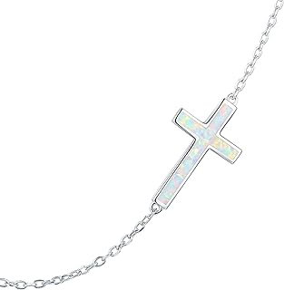 PRAYMOS 925 Sterling Silver Sideways Cross Necklace for Women Synthetic Opal Necklace and Gift Box Mother's Day Birthday Gifts for Her(A)