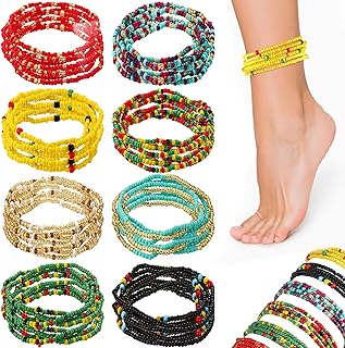 8 Pcs Beaded Anklets for Women Handmade Multicolor Layered Ankle Seed African Beaded Anklets for Women Elastic Boho Ankle Bracelets Glass Bead Stretch Anklet for Women Summer Foot Jewelry