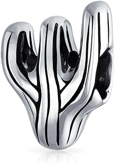 Women's Sonoran Desert Cactus Bracelet Charm with Rhodium-Plated-Silver Chain, Oxidized .925 Sterling Silver, Ideal for European Charm Bracelet