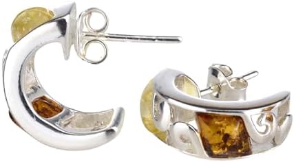 Amber Jewelry for Women - 925 Sterling Silver and Baltic Amber Huggie Hoop Earrings, Small Silver Gemstone Studs - Sterling Silver Jewelry Collection