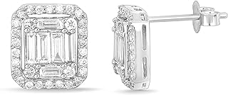 18k White Gold 1.00 Carat T.W. Round and Baguette Natural Diamond Emerald Cut Stud Earrings Diamond Halo Push Back Stud Earrings for Women Girls Jewelry Gift For Her G-H Color, SI1-SI2 Clarity