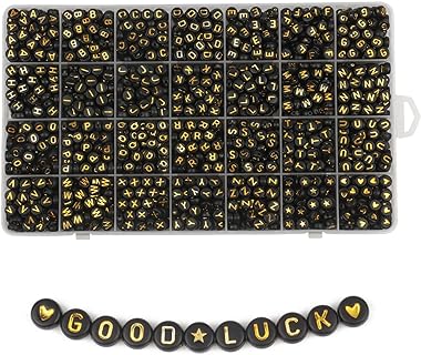 Song Xi Black Round Acrylic Alphabet Beads with Gold Letters in 1400 Piece Set for DIY Jewelry and Key Chains