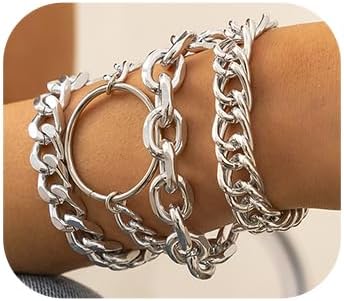 Lobster Claw Clasp Silver Chunky Chain Bangle Bracelet Set with Circle Charms For Women and Girls