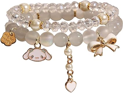 Kawaii Couple Heart Bracelet Set with Agate Gems, Crystal Beads & Bronze Bead Chain - No Clasp Design for Easy Wear - Cute Cartoon Cinnamoroll Design - Fun & Stylish Accessory for Girls