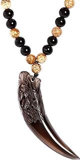 Wolf Tooth Obsidian Pendant Couples Necklace for Men Black Obsidian Bead Chain Amulet Reiki Healing Crystals Wilderness Necklaces for Women