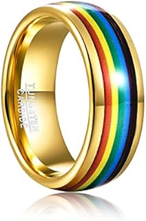 LINGMEI 8mm Tungsten Carbide Ring Gold Rainbow Wedding Ring LGBT Pride Ring for Lesbian & Gay LGBTQ Pride Engagement Band Comfort Fit Size 7-12