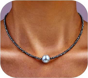 Dainty Single Pearl Pendant Necklaces for Women Trendy,Womens Black Stone Beaded Choker Necklace,Delicate Round Freshwater Pearl Necklace Jewelry Gift for Women Girls