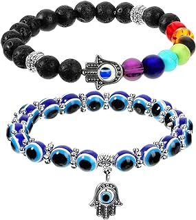 2 Pieces Evil Eye Bracelet Hand of Fatima Bracelet 7 Chakras Bracelet Evil Eye Stretch Beaded Bracelet Hamsa Hand Gemstone Bracelet Good Luck Protection Crystals Healing Stones Bracelet for Women