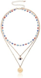 Layered Bohemian Evil Eye Round Disc Pendant Necklace Lucky Stackable Crystal Rhinestone Beads Moon Crescent Flower Choker Necklace for Women Girl Good Luck Protection Jewelry Gift