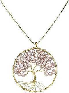 USA-Made AeraVida Cultured Freshwater Pink Pearls Necklace with Eternal Tree of Life Brass Medallion, 29" Brass Bead Chain with Overhead Clasp