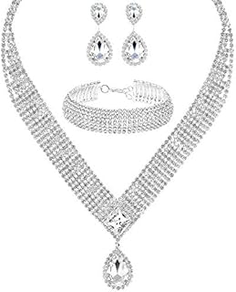 3/4 Pieces Women Jewelry Set Rhinestone Tiara Crown Necklace Bangle Bracelet Crystal Teardrop Dangle Earrings and Rhinestone Handbag for Wedding Party