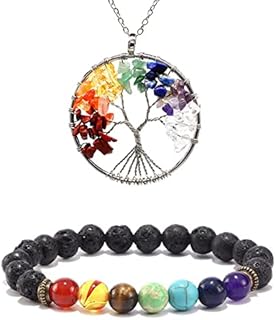 Healing Crystals Tree of Life Necklace,7 Chakra Necklace Rainbow Necklace and Chakra Bracelets,Relieve Anxiety,Chakra Repair Crystal Chakra Stones Set