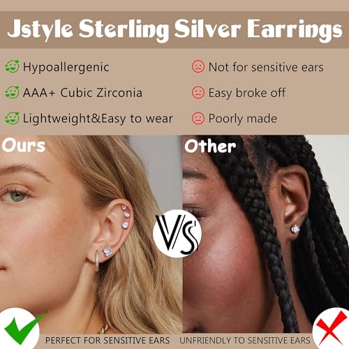 5 Pairs Sterling Silver Stud Hoop Earrings Set for Multiple Piercing, Hypoallergenic 925 Sterling Silver Small Cubic Zirconia Earrings Studs Cartilage Huggie Hoops for Women Teen Girls