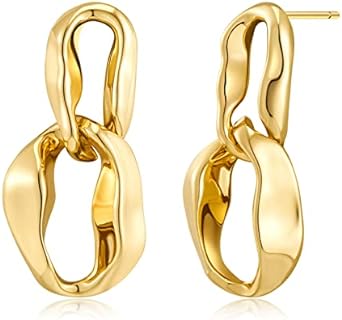 Women's 14K Gold-Plated Dangle Earrings, Double Circle Hoop Design, With Gold Link Chain and Push Back Finding, Minimalist Brass