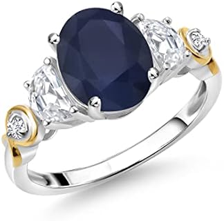925 Silver & 10K Yellow Gold Women's Engagement Ring with Oval Blue Sapphire, White Moissanite & Lab Grown Diamond Stones (2.70 Cttw, Sizes 5-9 Available)