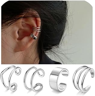 Women's THUNARAZ Minimalist Ear Cuff Earrings with Cubic Zirconia in 925 Sterling Silver, Non-Piercing Clamp Back Design, 4 Styles Set