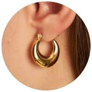 Chunky Gold Hoop Earrings for Women 14K Gold Plated Lightweight Twisted Half Croissant Thick Hoop Earrings