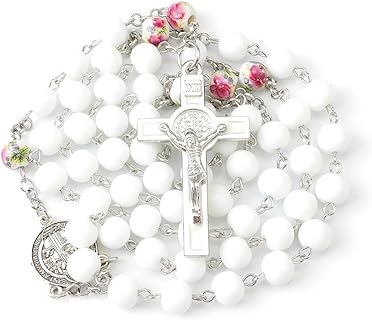 Ceramic Bead Rosary Necklace with Durable Cable Chain for Women, Black & White Design, Christian Gifts for Catholic and Anglican Faith