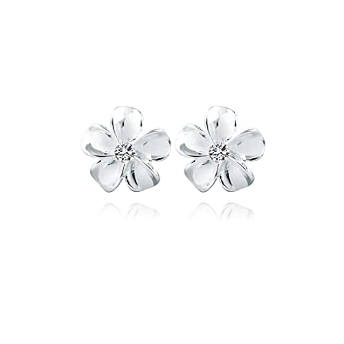 Solid 925 Sterling Silver Plumeria Flower Stud Earrings for Women Girls Crystal Flower Stud Earrings