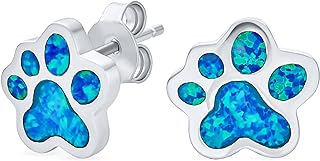 BFF Best Friend Animal Pet Lover BFF Blue Gemstone Opal Inlay Cat Dog Puppy Paw Print Stud Earrings Pendant Necklace Jewelry Set For Women Teen .925 Sterling Silver