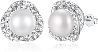 Real Pearl Earrings for Women 925 Sterling Silver Pearl Stud Earrings Freshwater Cultured Pearl Studs with Cubic Zirconia for Girls Mother
